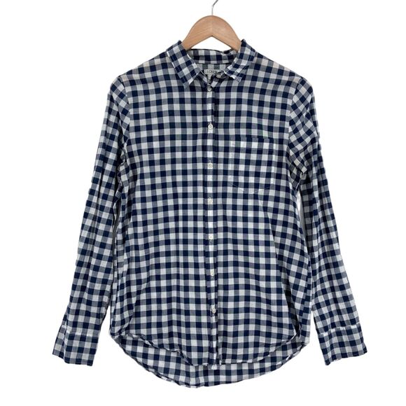 J.CREW Tops - J.CREW Button Up Shirt Womens Medium Navy White Checked 100% Cotton Long Sleeve